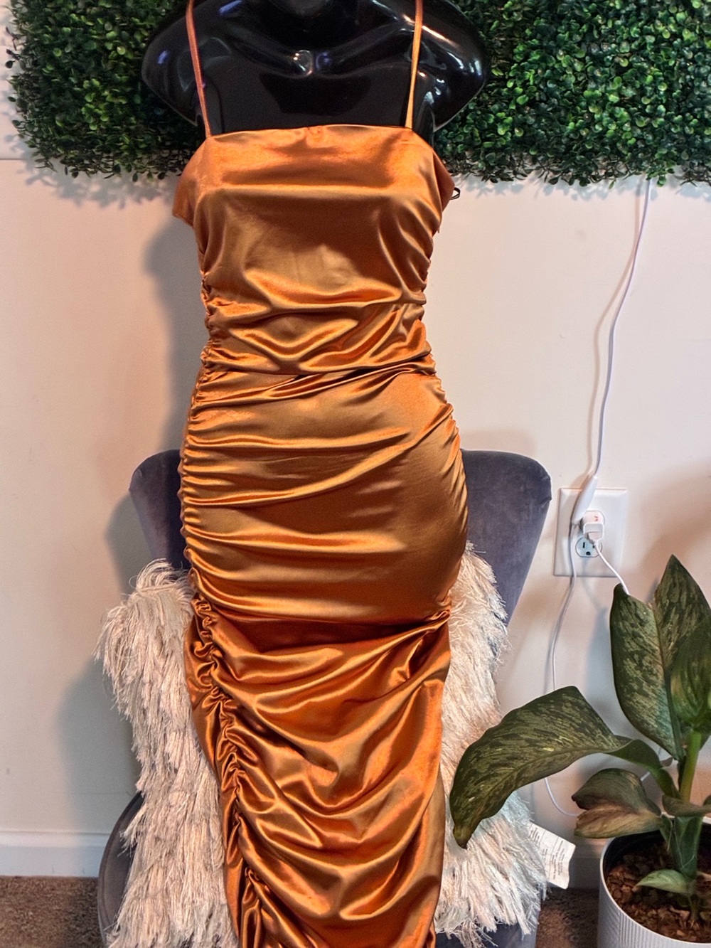 Satin Ruched Slip Dress in Copper